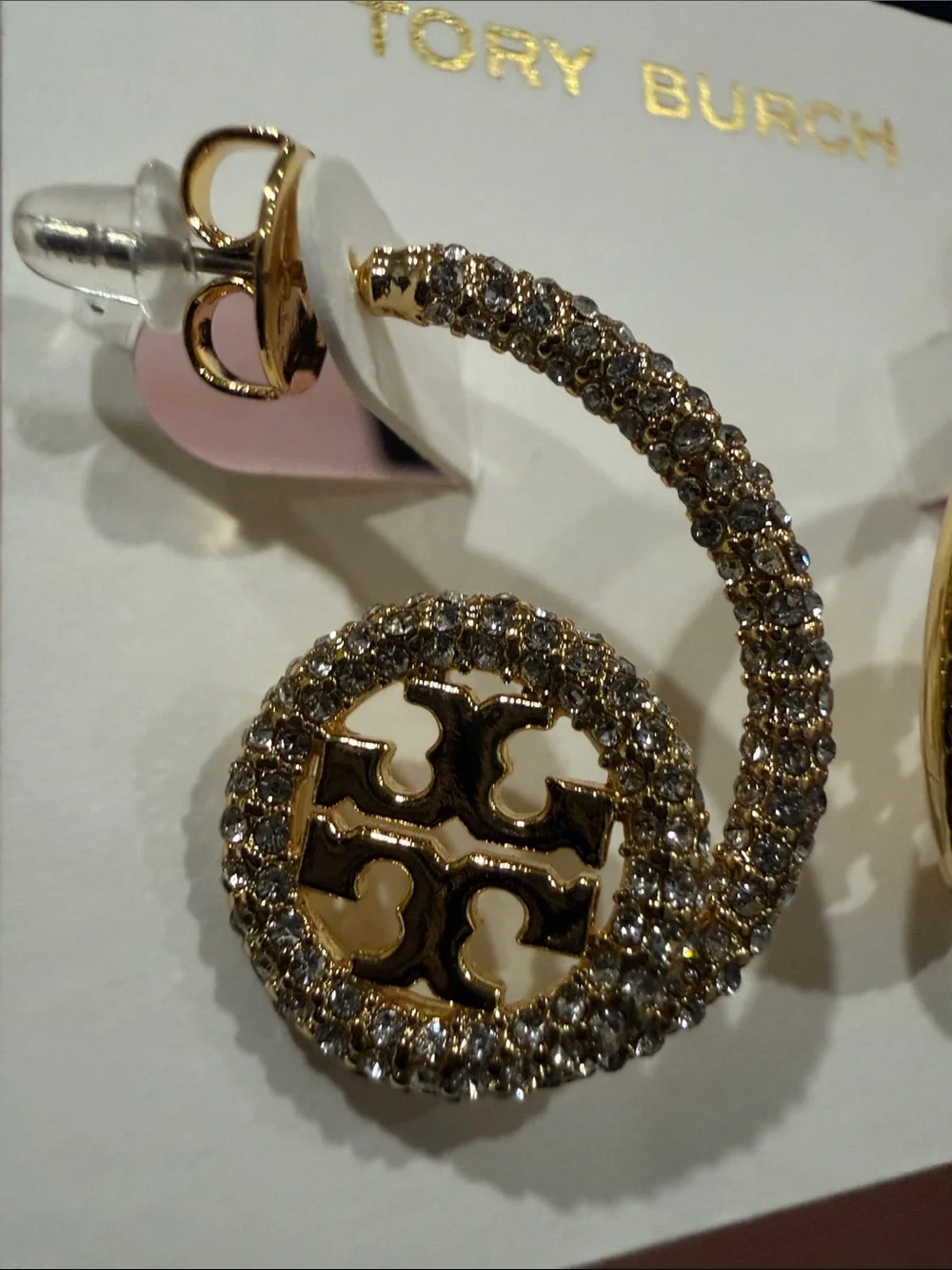 Tory Burch | Gold Plated & Pave Crystal Spiral Logo Drop Earrings | Medium